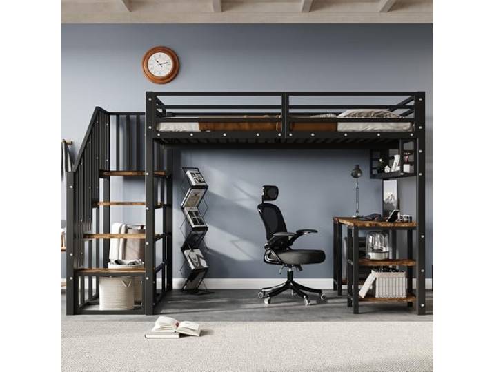 Merax Hochbett 120x200 cm aus Metall – Jugendbett mit Treppe, Schreibtisch & Regal – Stabiler Handlauf – Ohne Matratze