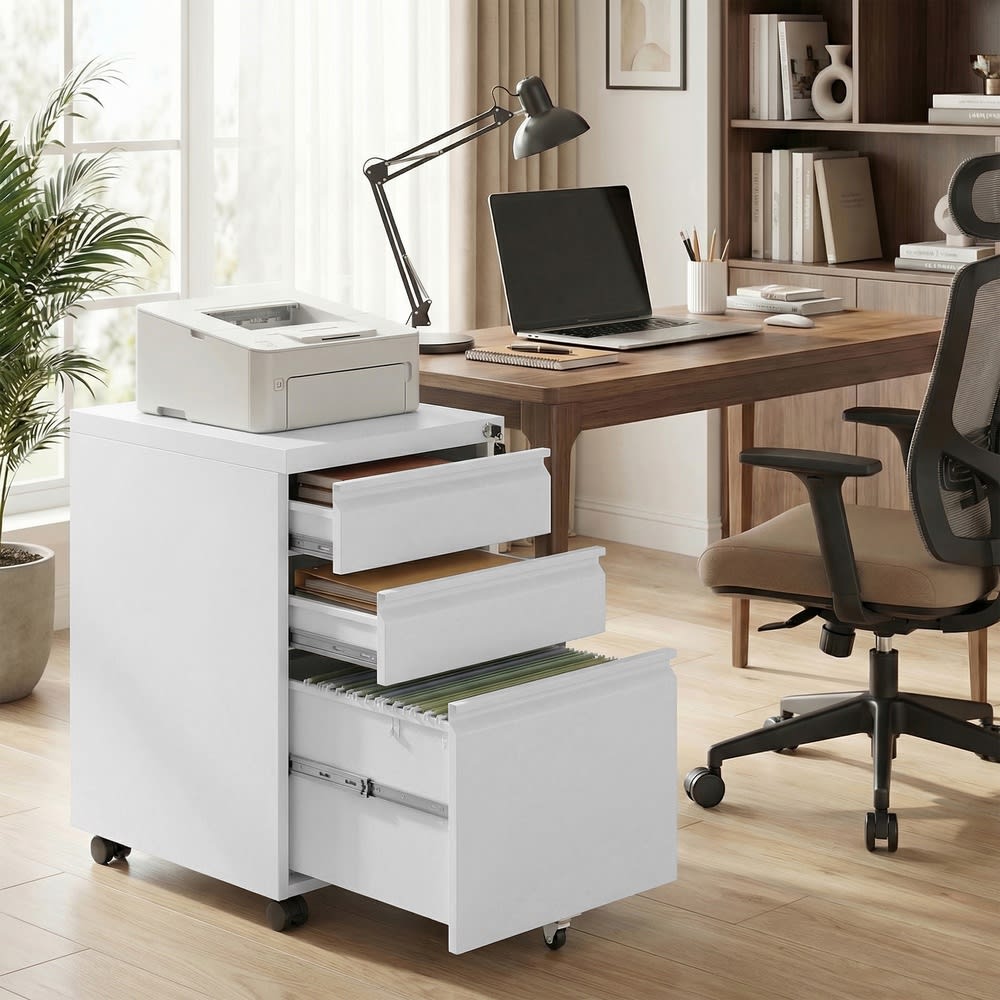 SONGMICS Archivador móvil con 3 cajones y ruedas de color blanco mate