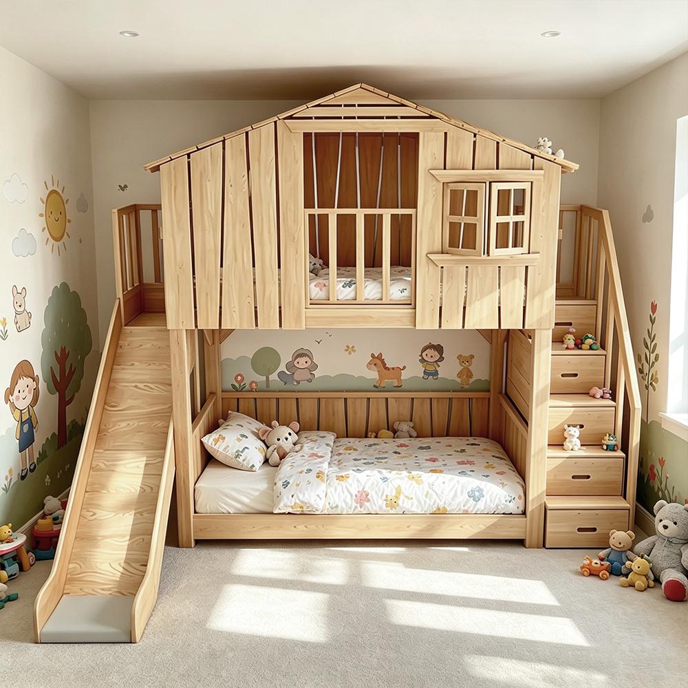 Hausbett Hochbett Spielbett Etagenbett Kinderbett 1500x2000mm Rutschen+Stufen mit Stauraum Birkenholz farbe /SW-150/