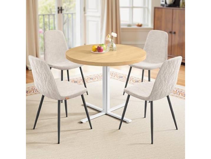 VASAGLE Runder Esstisch und 4 Esszimmerstühle Set, 80 cm Küchentisch mit Stühlen, Esszimmermöbel, Polsterstühle, Chenille-Gewebe, Goldeichenfarben, Cremeweiß