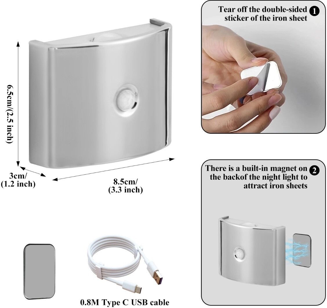 INF Lampe murale rechargeable rectangulaire à capteur de mouvement - Batterie 1200mAh, gradation trois couleurs, fixation Argent