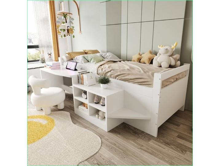Lit Enfant Multifonction 90x200 cm - Bureau Prises EU Rangements - Blanc