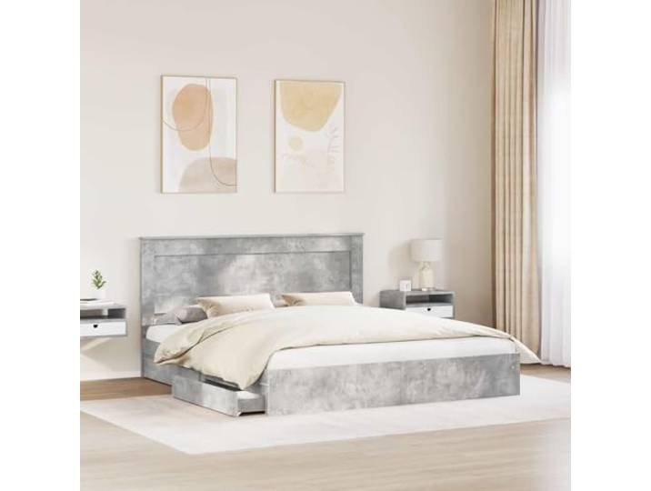KTHLBRH Boxspringbett Zementgrau 200 x 200 cm Technisches Holz, Lattenrost, versteckte Schubladen, modernes Design