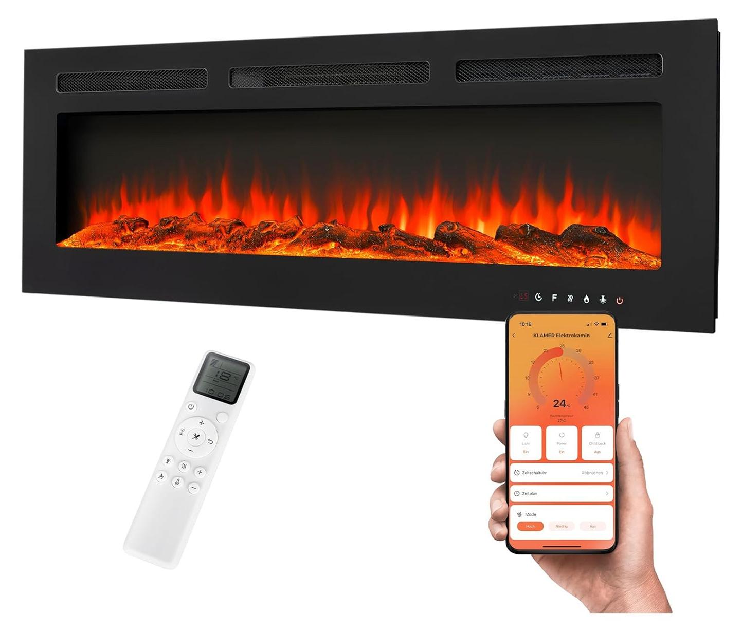 KLAMER Elektrokamin 1800W, Heizlüfter mit Thermostat 18-30°C, 9 Flammenfarben, Timer 1-8h, WiFi App & Fernbedienung, Elektroheizung bis 37m²