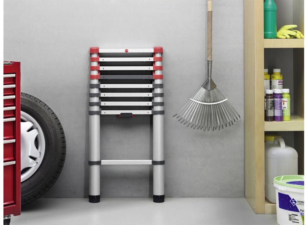 Anlegeleiter HAILO "T80 Flexline 260 9 Stufen", rot (silberfarben, rot, schwarz), B:46cm H:94cm, Aluminium, Leitern, Anlegeleiter, Aluminium Sicherheits-Teleskopleiter silberfarben, rot, schwarz B/H/L: 46cm x 94cm