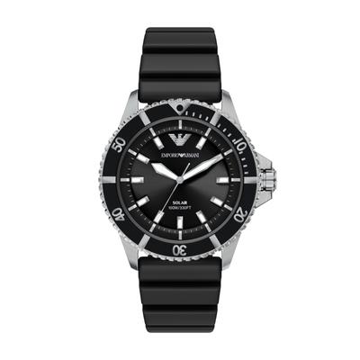 Solaruhr EMPORIO ARMANI "WORLD EXPLORER", schwarz (schwarz, silberfarben, schwarz), Armbanduhren, Herren, edelstahlfarben-schwarz, Armbanduhr, Herrenuhr, Silikonarmband, analog