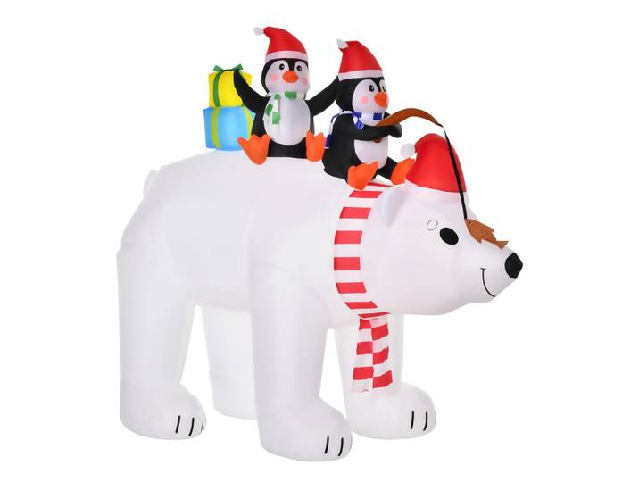 Homcom Aufblasbare Pinguine auf Eisbär Dekoration 2,1 m mit Lichtern Polyester, Mehrfarbig, Kunststoff, 113x206x227 cm, Dekoration, Weihnachtsdekoration