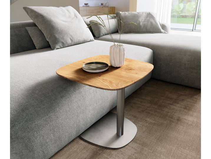 DELIFE Beistelltisch Edge Boot 50x50 cm Eiche Natur Schweizer Kante Eleny Edelstahl gebürstet, Beistelltische