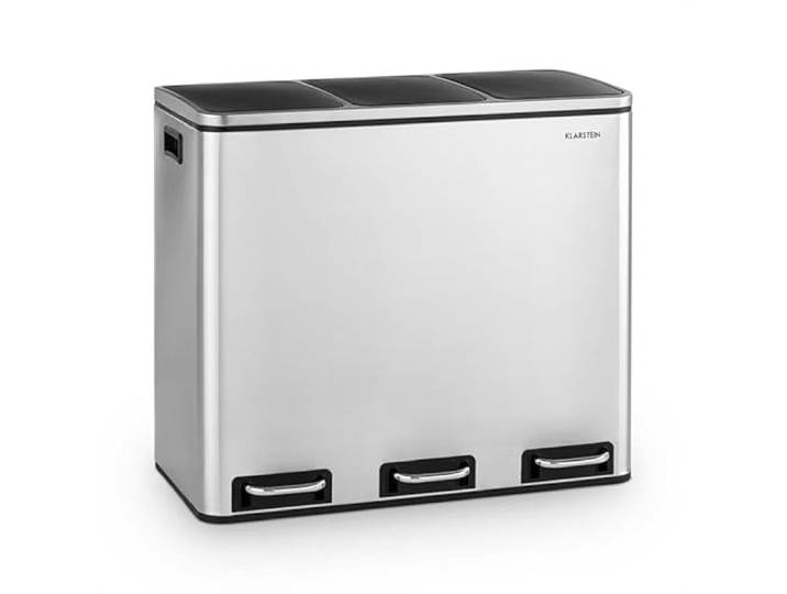 Klarstein Grandmaster Trash Mülleimer Treteimer Mülltrenner, 54 Liter Volumen mit 3 x 18 Liter Eimer, Recycling, Material: PP/Edelstahlgehäuse, Tragegriffe, Edelstahl gebürstet/schwarz