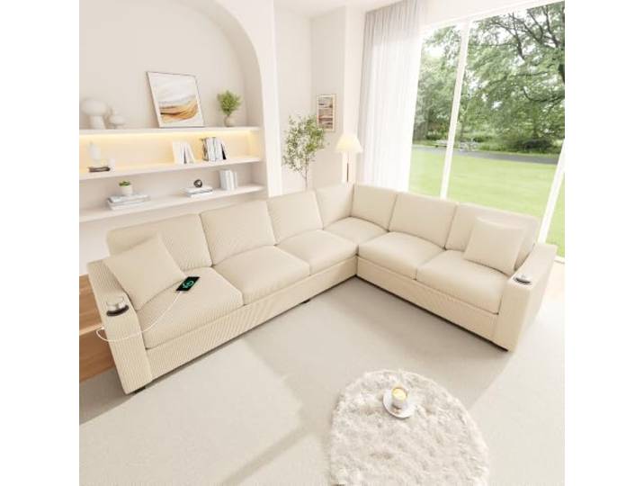 BTM Corduroy L Form Ecksofa mit Schnellladeanschluss Beige für Wohnzimmer,mit Getränkehaltern