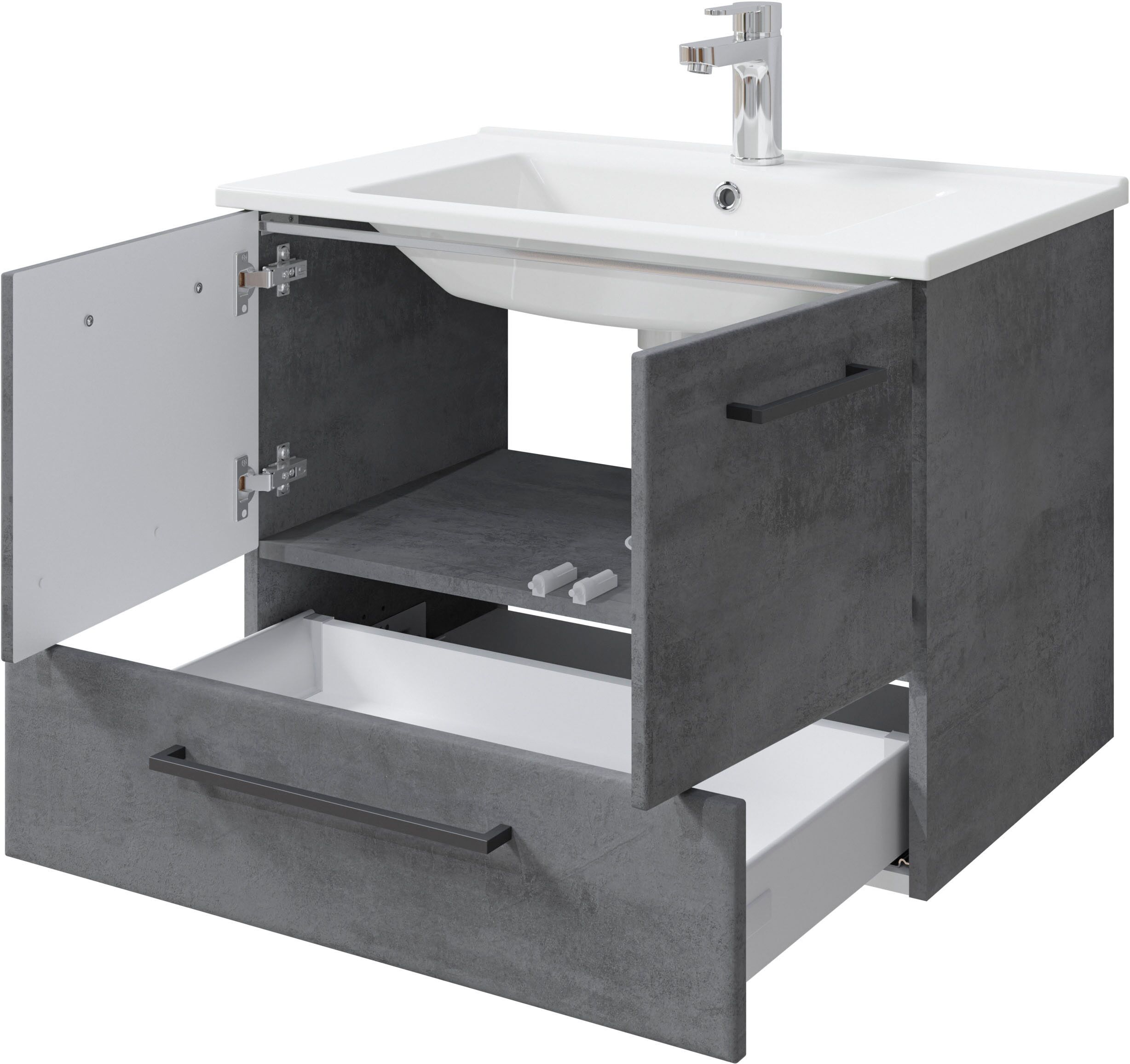 Badmöbel-Set SAPHIR "Quickset 945 Keramik-Waschtisch mit Unterschrank, 75 cm breit", grau (oxid dunkelgrau quer), Kastenmöbel-Sets, Badmöbel-Set, Waschplatz, 2 Türen, 1 Schublade, inkl. Türdämpfer, Waschtisch Set oxid dunkelgrau quer Einheitsgröße