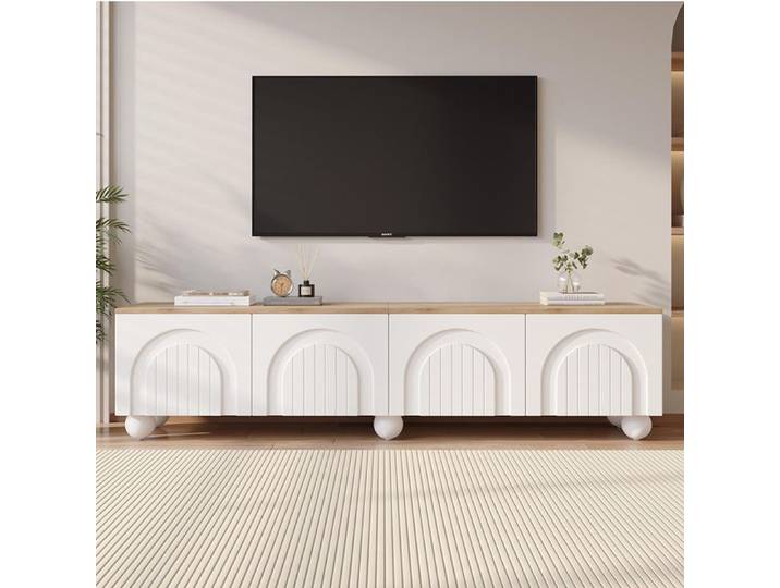 Meuble TV - 180x40x45 cm - Blanc + chêne - 4 portes - 6 pieds métalliques