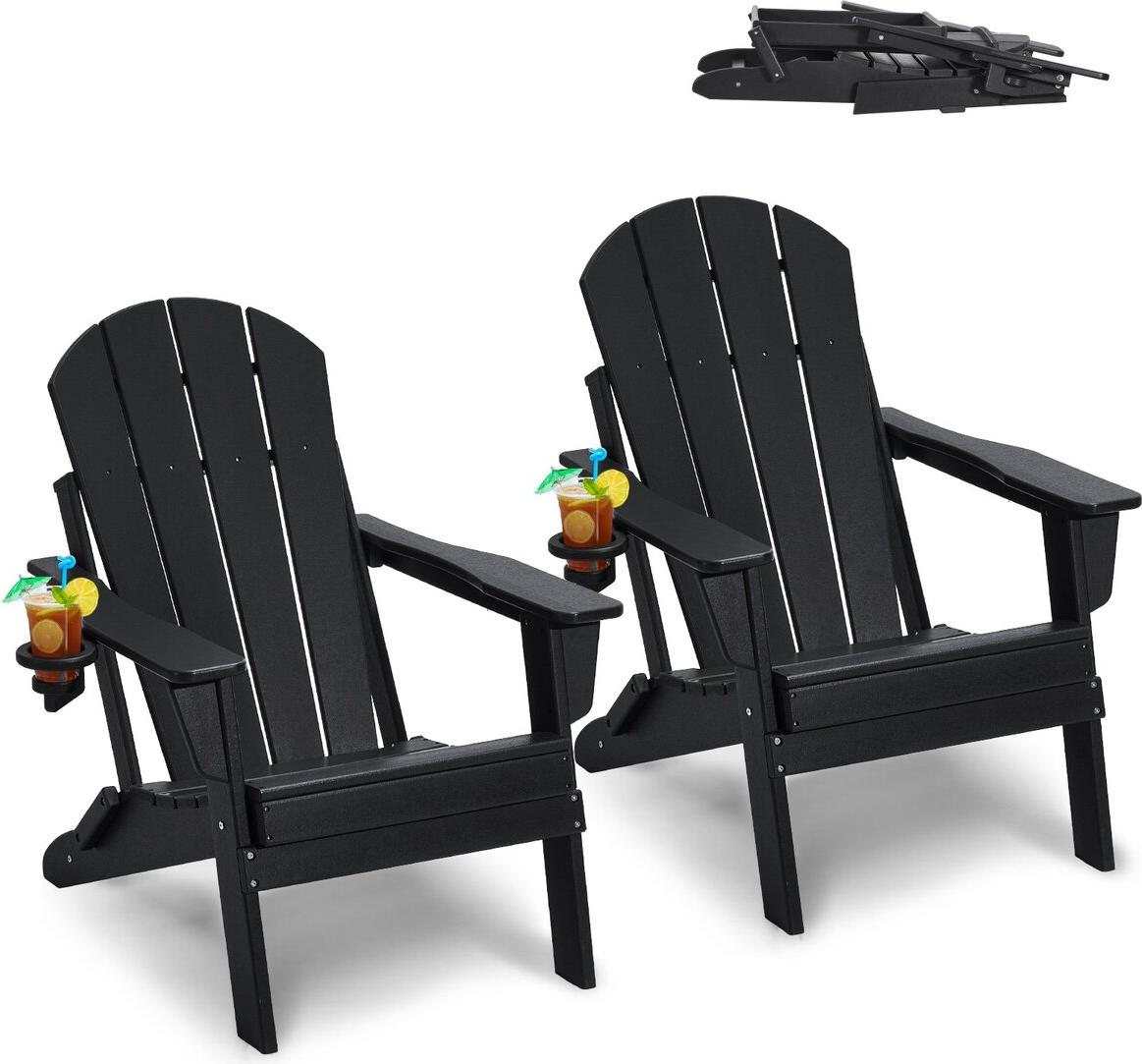 Adirondack-Stuhl aus Kunststoff, 2er-Set, wetterfest, klappbar, Feuerstelle, schwarz