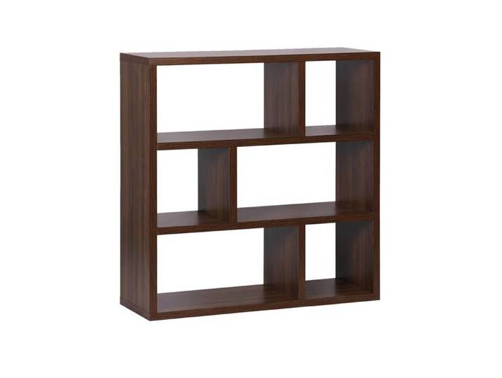 Etagère bibliothèque asymétrique 3 niveaux 6 compartiments. casiers. effet bois de noyer. L 111.2 x P 39 x H 115.2cm