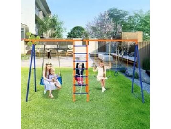 VEVOR Schaukel-Sets für den Garten, 6-in-1-Schaukel-Set mit 2 Schaukeln, Trapezstange, Kletterleiter, Kletternetz und Basketballkorb, 200 kg Tragkraft, robustes Metall-Schaukel-Set für den Außenbereich für Kinder ab 3 Jahren