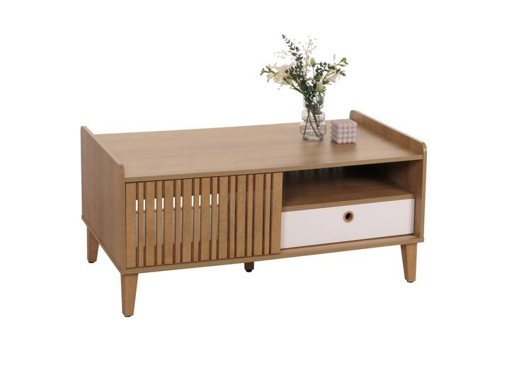 Couchtisch HWC-M48, Wohnzimmertisch Tisch Sofatisch, 52x114x59cm Natur, Schublade weiß