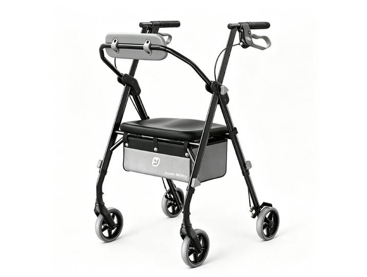 Aide à la marche pliable légère à siège étroit avec un poids maximum de 172 kg, adaptée comme aide de voyage portable pour les personnes âgées, version noire