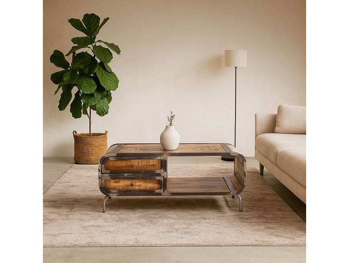 Table basse style indus en bois massif de manguier et métal - Manchester
