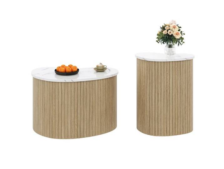 Table basse moderne minimaliste - Veinure de marbre et bois - Naturel et Blanc - 60x37x38 cm + 40x25x50 cm - MDF