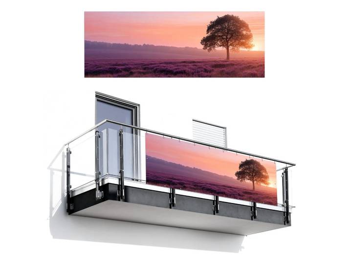 MuchoWow Balkon-Sichtschutz Baum - Heidekraut - Sonnenaufgang, Flieder, Kunststoff, Rechteckig, 300x110 cm, Sonnenschutz, Sichtschutz