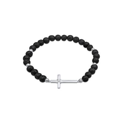 Armkette KUZZOI "Armband Lava Perlen Schwarz Kreuz 925 Silber" Gr. 210, schwarz, Armbänder, Herren, 210, Silber 925 (Sterlingsilber), Armkette