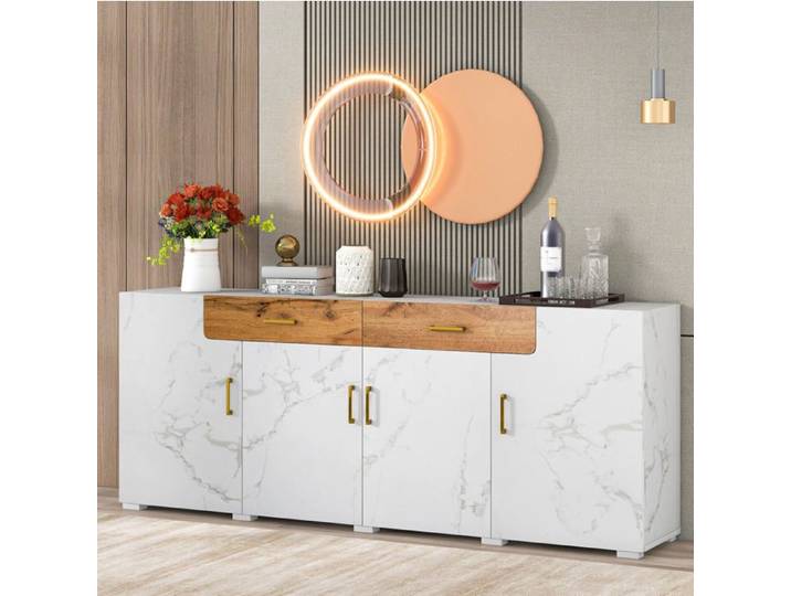 Buffet bas sideboard blanc effet marbre avec façades effet bois 4 portes 2 tiroirs 208 cm 80 cm Grjofek