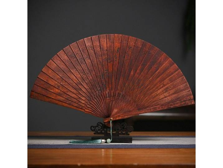 Éventail en bois de santal rouge à petites feuilles, style chinois, cadeau, artisanat creux, pliant tout en bois