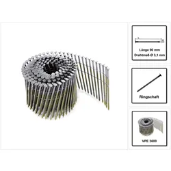 Prebena, Tackerklammern + Tackernägel, CoilNägel blank mit Ringschaft drahtmagaziniert90 mm