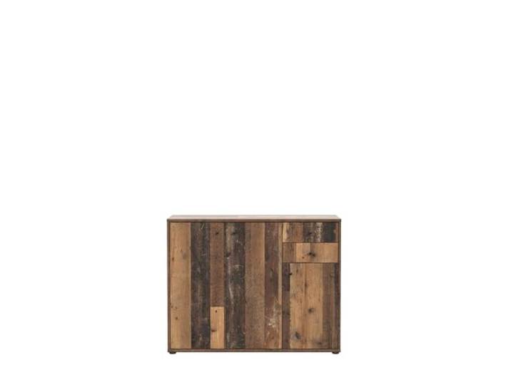 möbelando Sideboard >TEMPRA2< in Old-Wood Vintage-Optik Dekor kombiniert modernen Stil mit Funktionalität: 3 Türen, 2 Schubladen, 5 Ablagen, Maße 108,8 x 85,5 x 34,8 cm. Zerlegt geliefert.