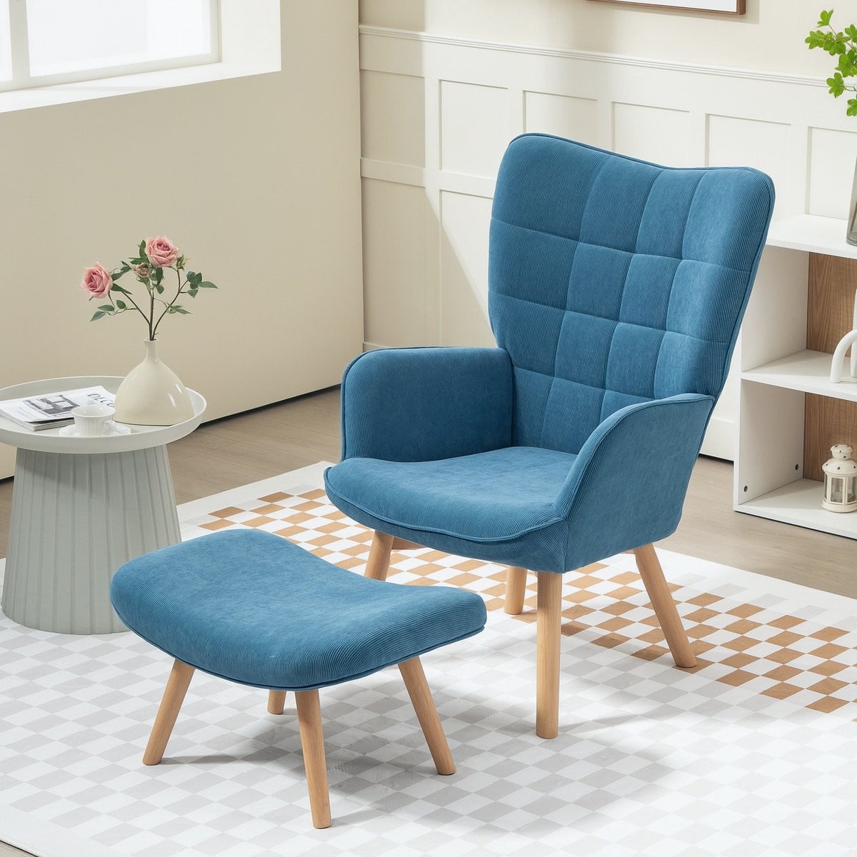 MODFU Oorfauteuil met Hocker - Getuft Design in Blauwe Ribstof met Hoge Rugleuning