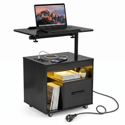 COSTWAY Nachttisch mit Ladestation & Beleuchtung, neigbare Tischplatte, Schublade, offener Ablage & Rollen, Schwarz