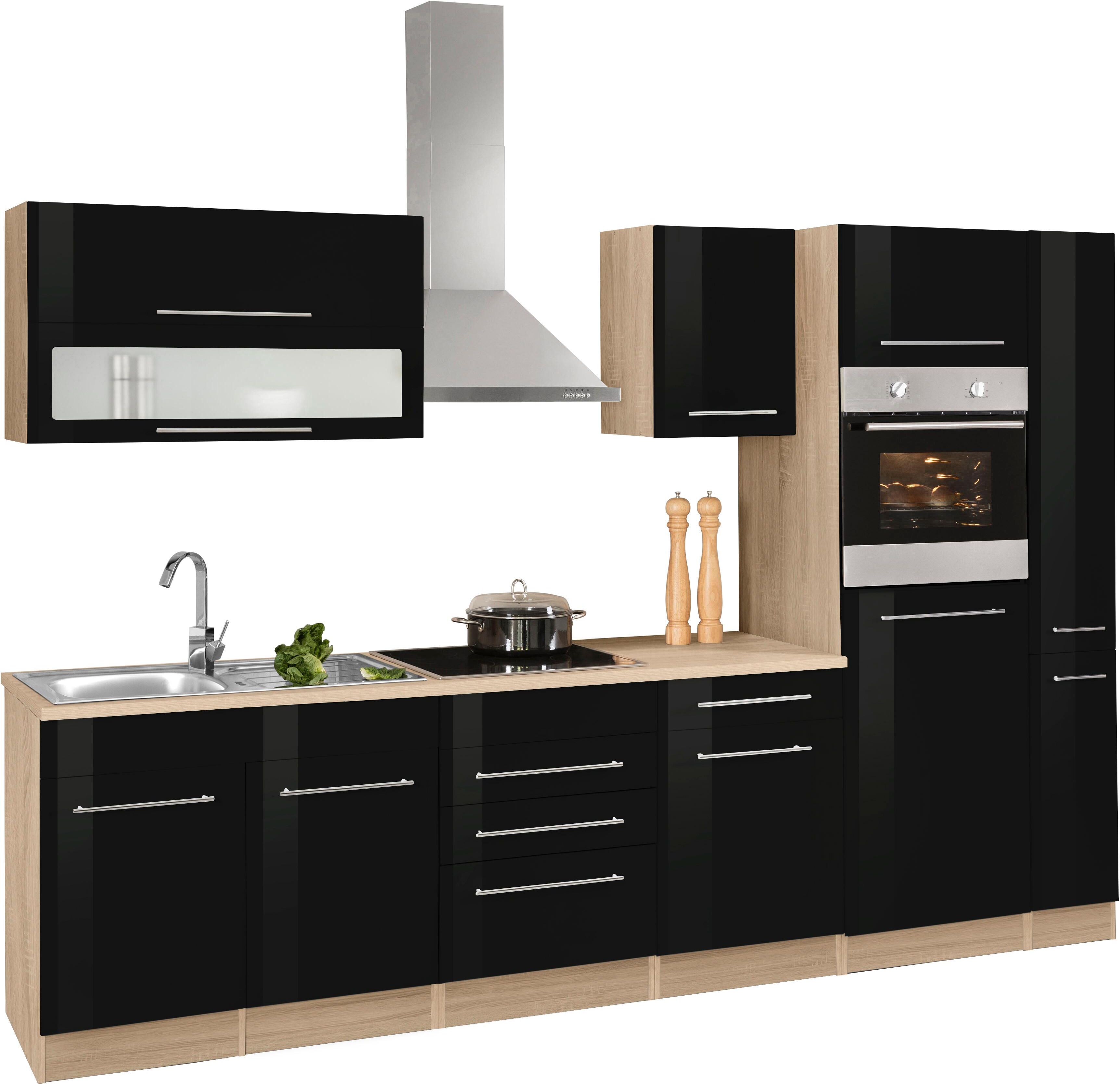 Küchenzeile KOCHSTATION "KS-Eton", schwarz (küche: schwarz, korpus: eichefarben, arbeitsplatte: eichefarben), B:300cm T:60cm, Komplettküchen-Sets, Küchenzeile, ohne E-Geräte, Breite 300 cm küche: schwarz, korpus: eichefarben, arbeitsplatte: eichefarben B/
