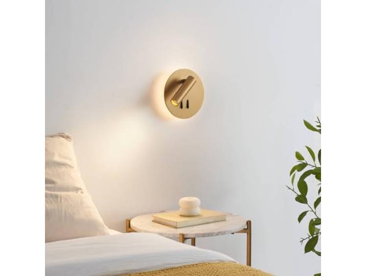 Applique liseuse LED Bilbao dorée 15 cm orientable 350° LED intégrées\, diamètre 15 cm\, 2 interrupteurs\, liseuse orientable à 350°\, finition dorée