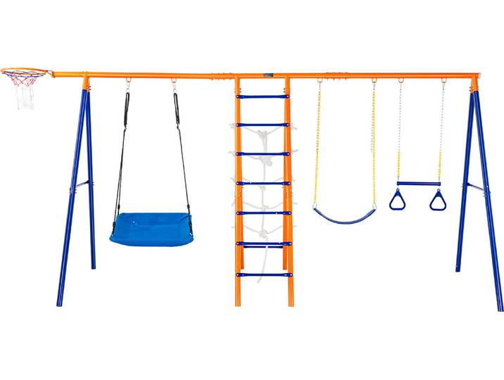 Jeux de balançoire VEVOR pour le jardin\, set de balançoire 6 en 1 avec 2 balançoires\, barre de trapèze\, échelle d'escalade\, filet à grimper et panier de basket-ball\, capacité de charge de 200 kg\, set de balançoire robuste en métal pour l'extérieur pour les enfants à partir de 3 ans