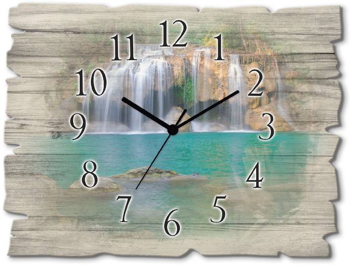 Wanduhr ARTLAND Wasserfall im Wald National Park , grün, B:40cm H:30cm T:0,6cm, Wanduhren, Wanduhr, wahlweise mit Quarz- oder Funkuhrwerk, lautlos ohne Tickgeräusche