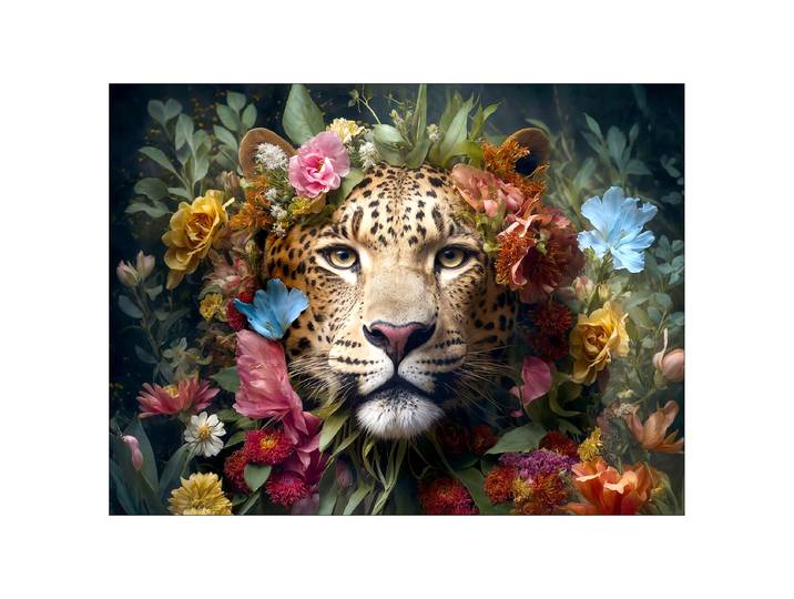Tableau verre Jaguar With Flowers Verre flotté Vert/Jaune/Marron 60 x 80 x 1cm