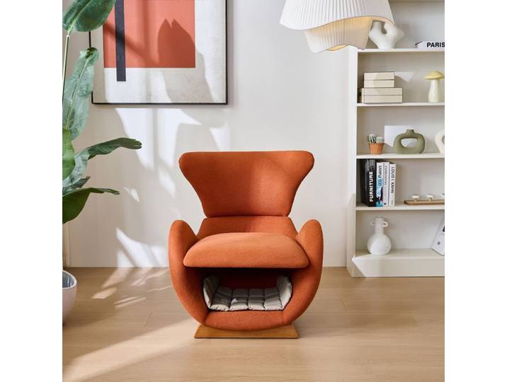 Fauteuil lounge design style requin-baleine avec niche pour chat tissu anti-griffures bois rouge brique VEVXYN