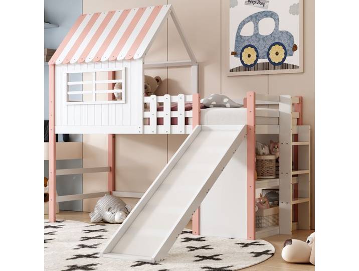 Cadre de lit Fentes à plusieurs étages Lit de bois massif lit simple lit mezzanine rose Avec espace de rangement Rose