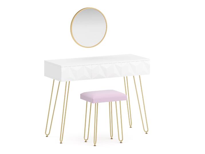 Schminktisch mit Hocker und Spiegel ELEONORA 100 x 40 cm weiss/gold/rosa