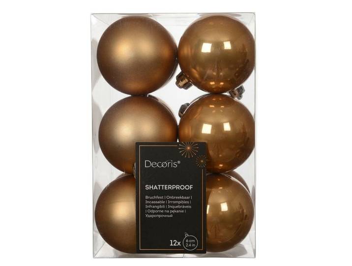 12 onbreekbare kerstballen karamel bruin 6 cm