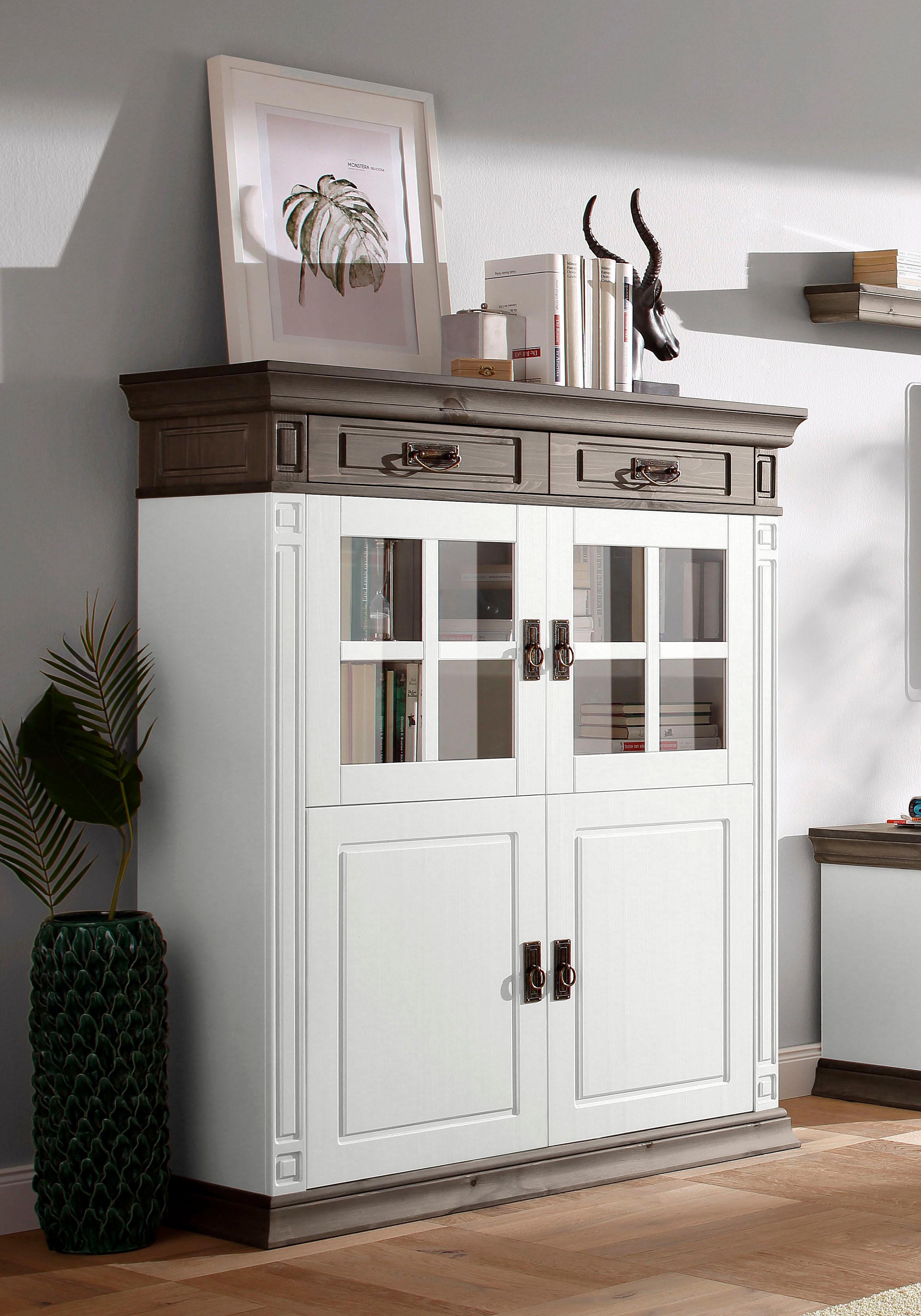 Highboard GOODPRODUCT "Vinales, 2 Schubladen, 4 Türen, 3 Einlegeböden, Griffe im Jugendstil", weiss (weiß, wengefarben, gebeizt, lackiert), B:112cm H:130cm T:39cm, FSC-zertifiziertes Massivholz, Sideboards, Highboard, Vitrine, Breite 112 cm, aus massiver 