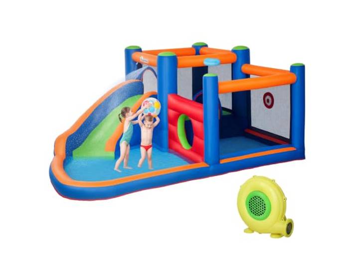 Outsunny Aufblasbare Hüpfburg Wasserpark mit Gebläse 380 x 340 x 170 cm Hüpfburg mit Wasserrutsche, Basketballkorb, Aufblasbare Wasserspielcenter, für Kinder ab 3 Jahren, Trampolin Pool