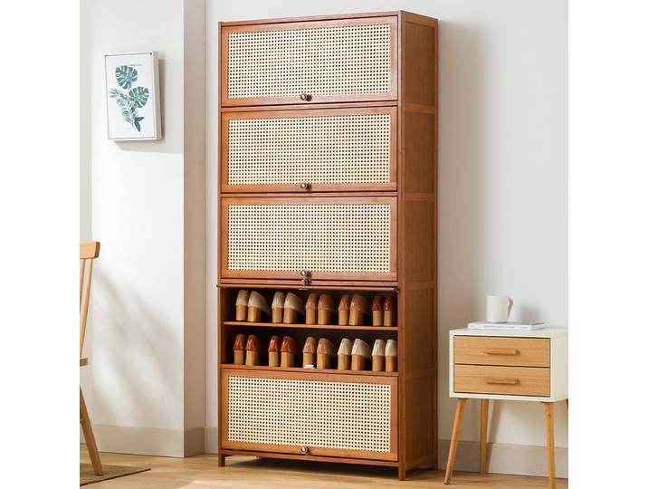 Armoire à chaussures en rotin imitation multicouche, armoire de rangement anti-poussière en bambou, étagère, armoire de rangement pour ustensiles de cuisine