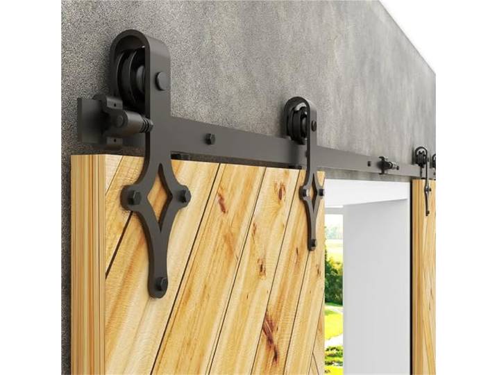 Scheunentorbeschläge Schiebetür-Hardware-Set for Scheunentore, robust, reibungslos und leise, einfach zu installieren, passend for Doppeltürpaneele, Kleiderbügel im Diamant-Stil, Schwarz(11FT-335CM)