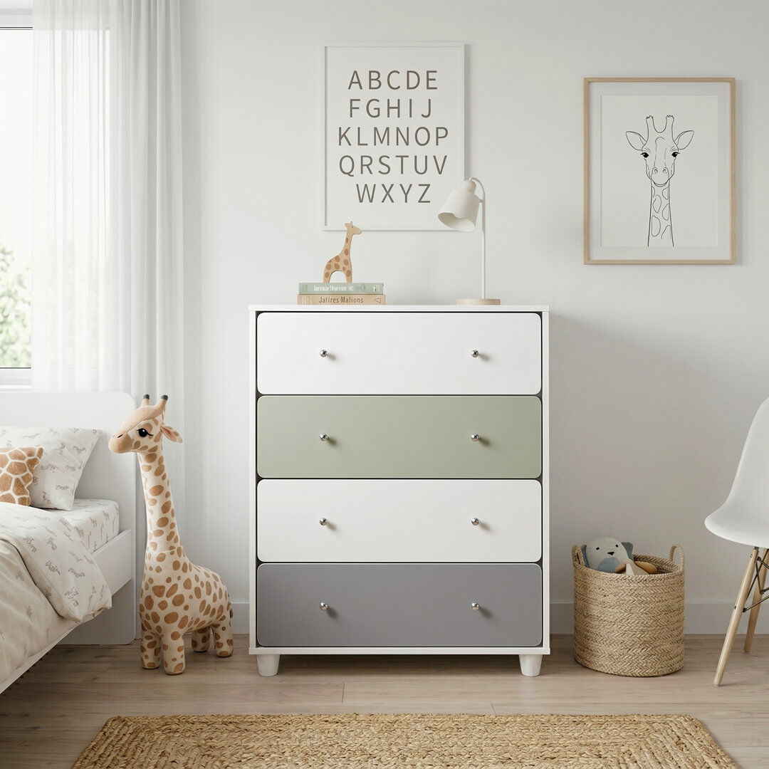 Mack + Milo Liston Weishaar 4 Drawer Chest with Custom Green and Pink Panel Design White;Green;Grey;Pink 87.1cm H X 70cm W X 39.8cm D