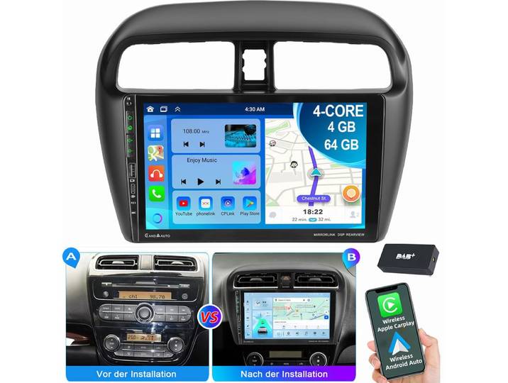 ESSGOO 9 Autoradio Für Mitsubishi Mirage Space Star Navi Carplay Autoradio (RDS, Digitalradio (DAB), FM, AM)