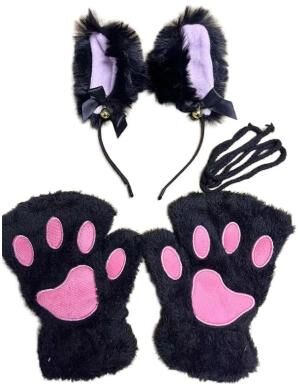Uplifted Finds Cute Cartoon Cat Paw Winter Gloves With Bell Headband And Cat Ear Accessories Set black 2 Pcs Set