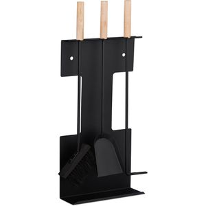 Relaxdays Kaminbesteck 10028788, aus Metall, schwarz, 4-teilig, mit Besen, Schaufel und Schürhaken im Ständer 66 cm