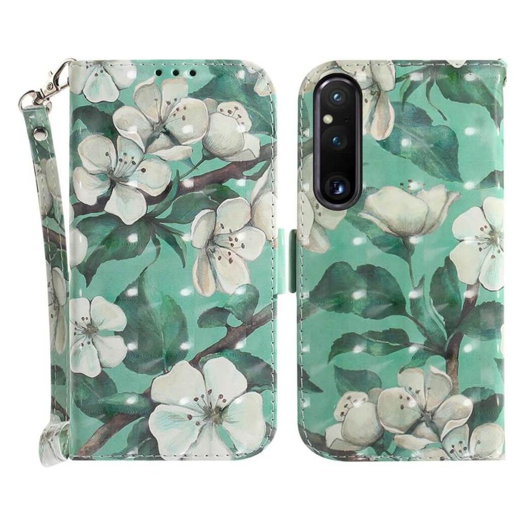 Cover-Discount Sony Xperia 1 V - Etui Glitzer Effekt weisse Blumen (Sony Xperia 1 V) (660131601E)