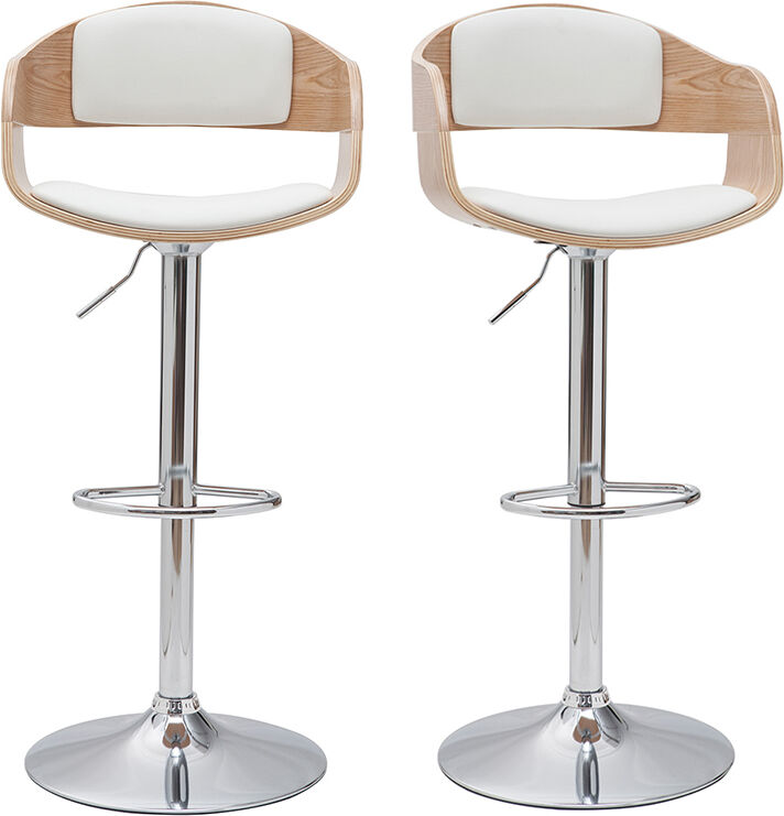 Miliboo Design-Barhocker höhenverstellbar aus weißem Polyurethan und hellem Holz (2er-Set) EUSTACHE